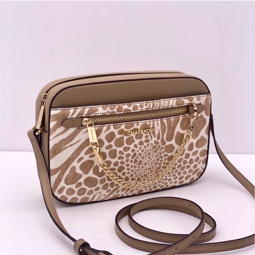 Michael Kors Large EW Zip Chain Crossbody Bag Camel color with real calf hair - Picture 8 of 11